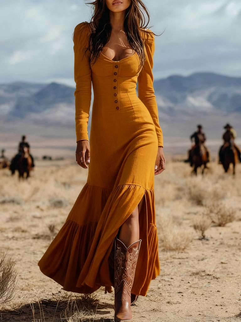Neues Retro-Western-Stil Geknöpftes Rüschen Langarm Sexy Kleid