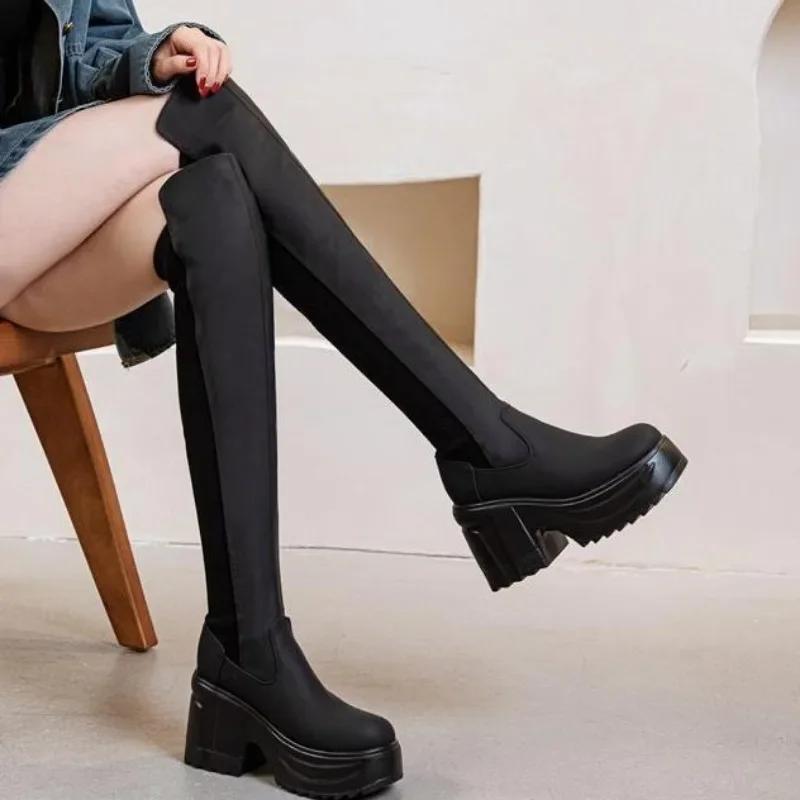 Fashion 10CM Synthetic Cloth Streth Fabric Women Platform Wedge Fashion British Spring Boots Knee High Boots Leather Autumn Shoes