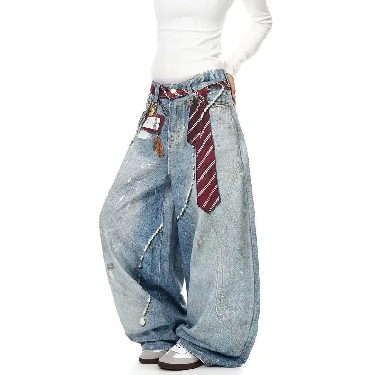 American Retro Straight Leg Wide Leg Jeans Washed and Worn High Street Jeans for Women Loose Fitting Harajuku Fashion