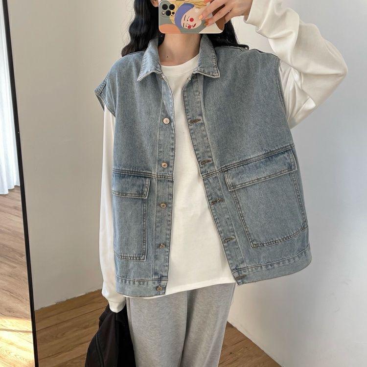 Корейский ретро свободный джинсовый жилет без рукавов - Женский тренд Осень/Зима 2025 Large