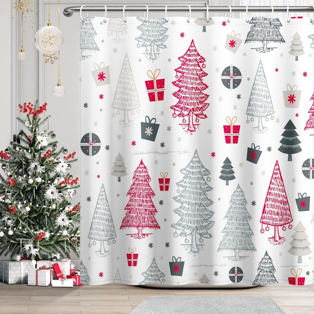 Christmas Tree Shower Curtain Green Red Xmas Trees Shower Curtains for Bathroom Decorations New Year Holiday Bathroom Curtain