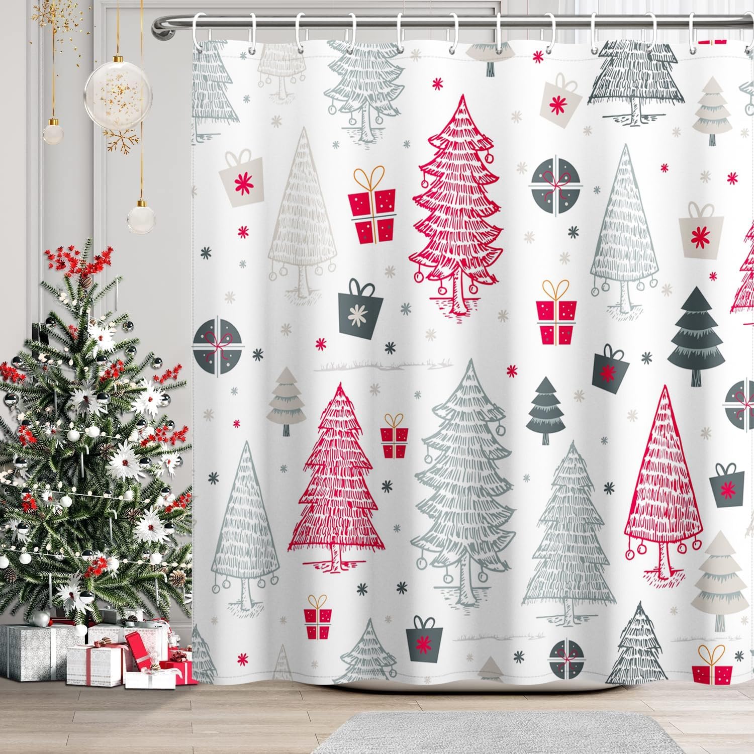 

Christmas Tree Shower Curtain Green Red Xmas Trees Shower Curtains For Bathroom Decorations New Year Holiday Bathroom Curtain W60H190(CM)-1 Pcs