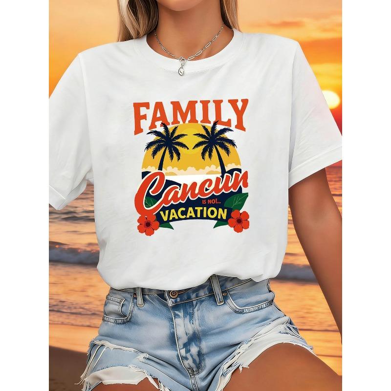 Women's Cancun Vacation T-Shirt - Short Sleeve Crew Neck Blouse-Compatible Top with Cancun-Themed Print, Medium Stretch Casual Beachwear