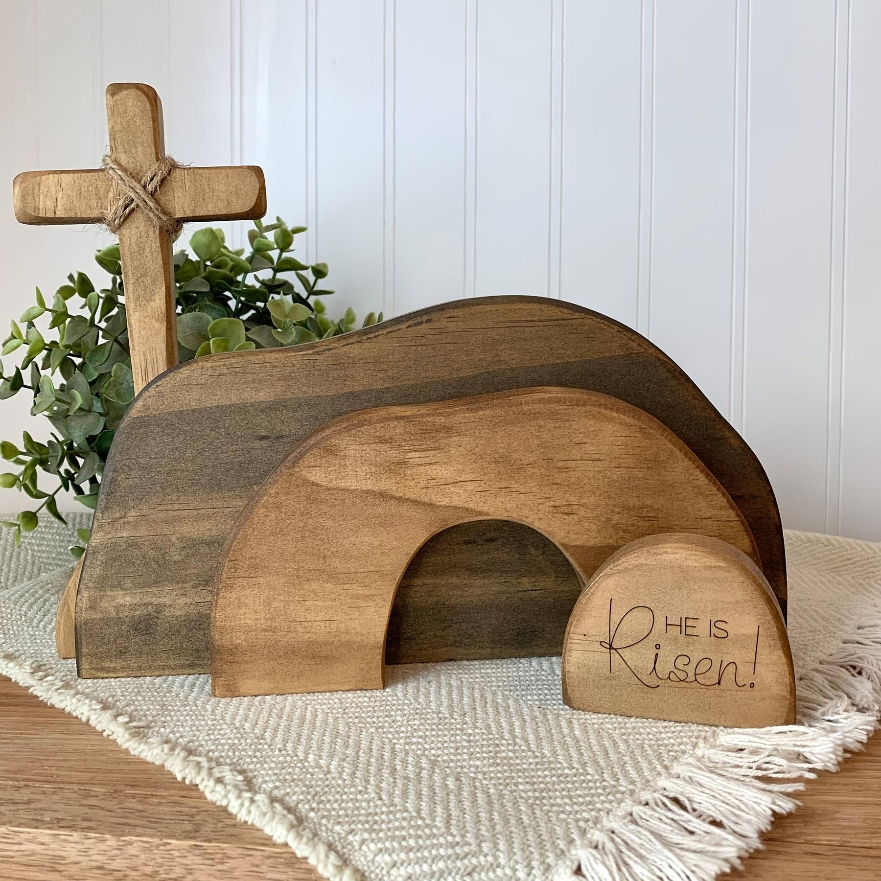 

He Is Risen Wooden Easter Resurrection Scene - Empty Tomb Decor with Cross - Christian Farmhouse Tiered Tray or Fireplace Decoration, Easter Decor 1 set