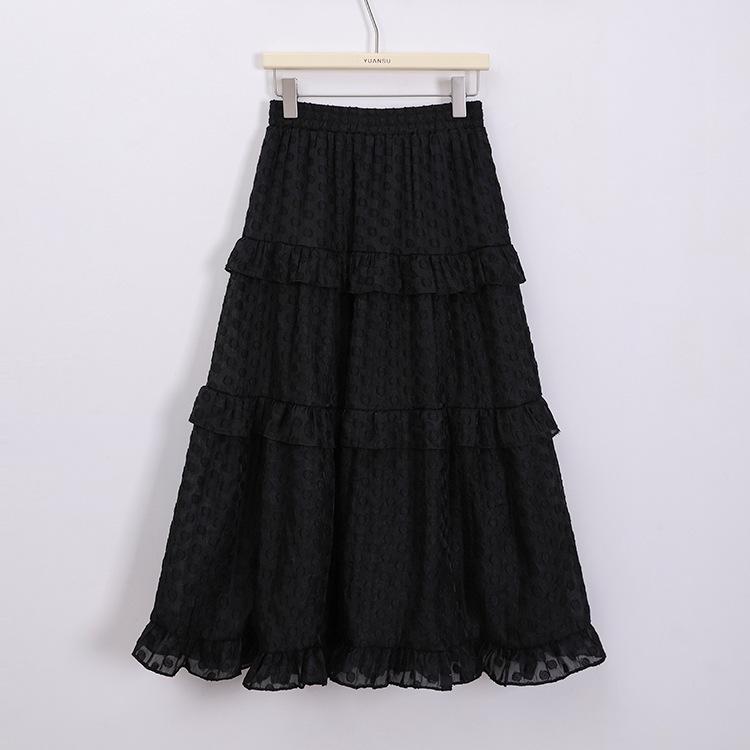 

Women s High-Waist White Polka Dot Tulle Midi Skirt with Ruffle Hem - Early Spring Gentle Fairy Style L чорний