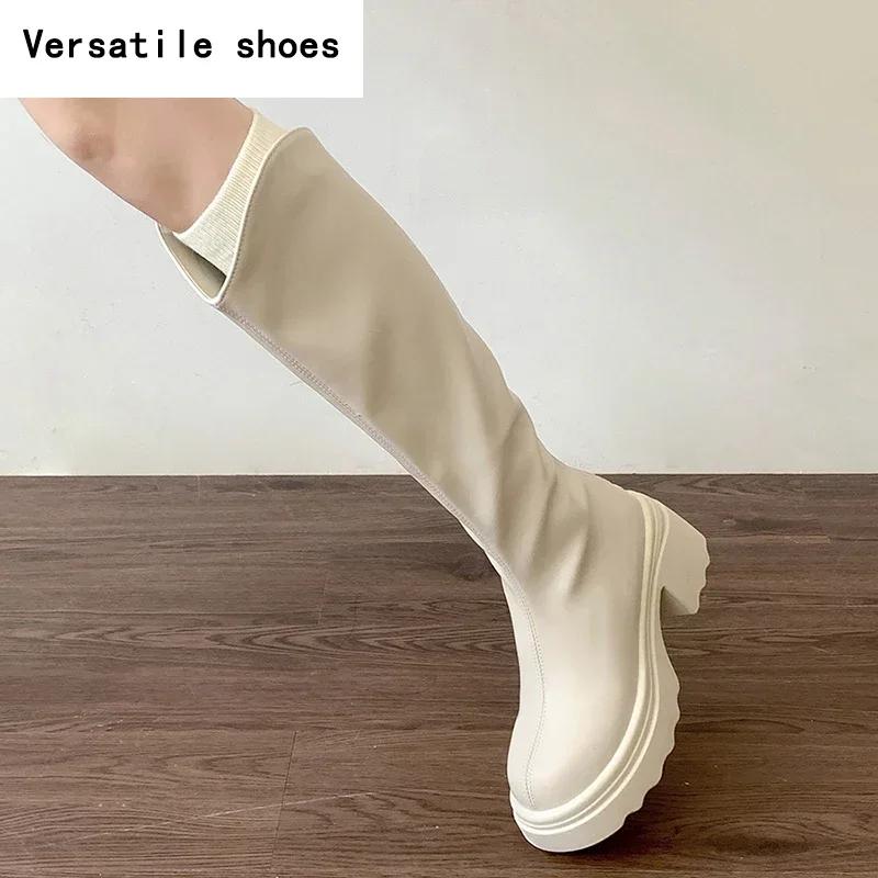 Vintage Women Knee High Boots Fashion Back Zippers Shoes Square High Heel Autumn Winter Ladies Knight Long Booties