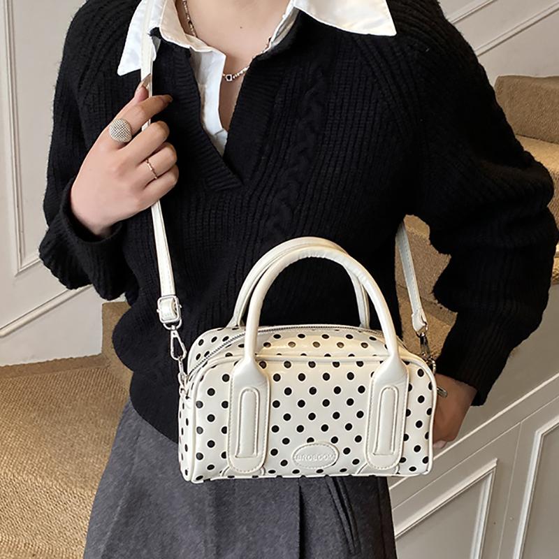 Crossbody Bag for Women Barrel Shape Mini Top Handle Purse PU Leather Polka Dot Pattern Cute Handbag Adjustable Strap Daily Use