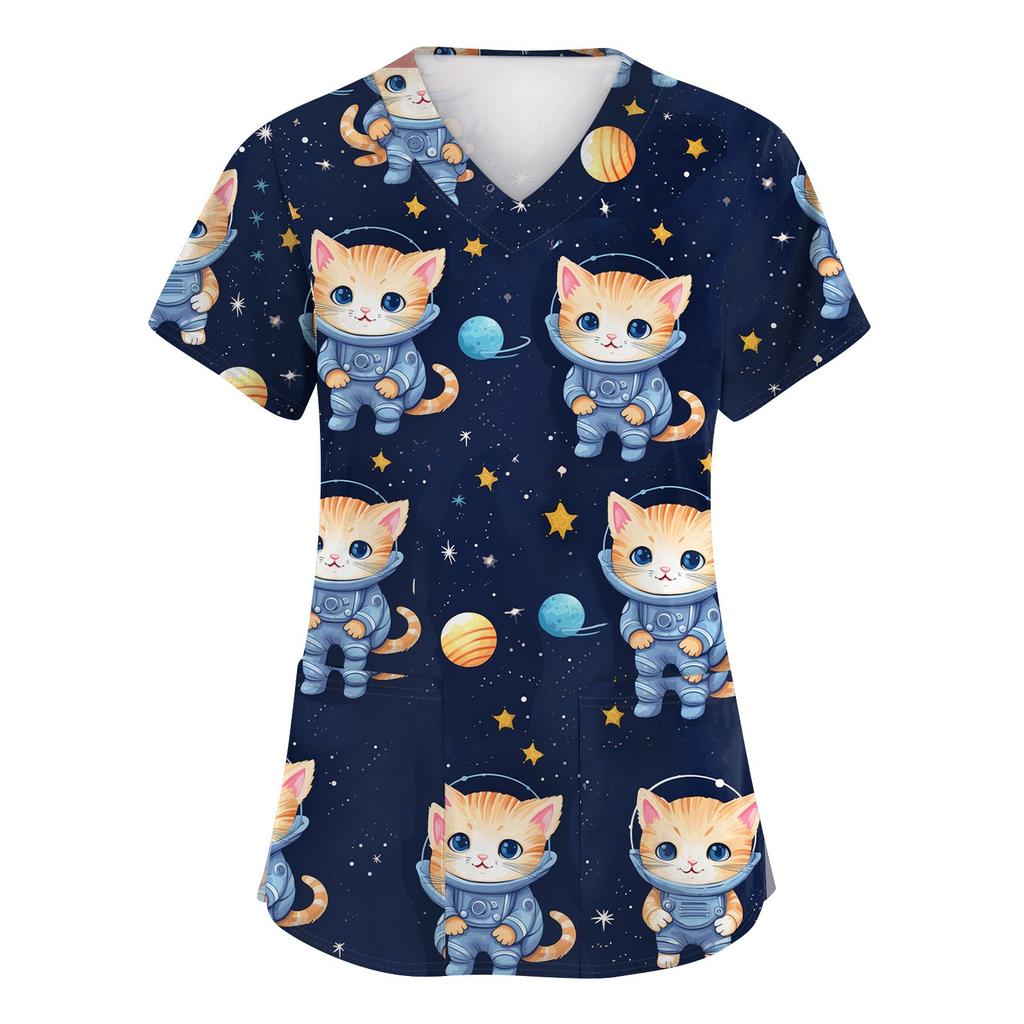 Women's Fashion Short Sleeve Cute Animal Printed V-Neck Pocket Workwear Tops