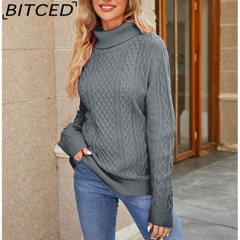 BITCED Women's Autumn/Winter Solid-Colour Knitted Top with High-Neck Cable-Knit Sweater Elegant High-Neck Base Layer