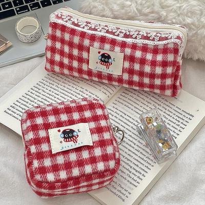 Woolen Cloth Stationery Storage Bag Red Multi-functional Cosmetic Bag Red Color Cherry Pencil Case Student
