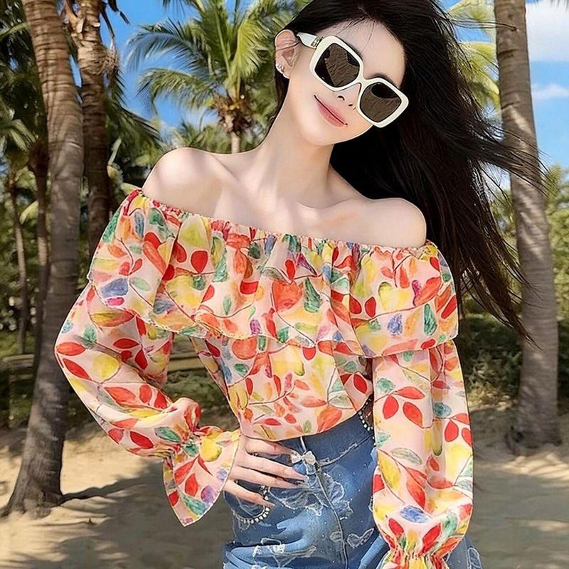 2026 Spring New Style Yellow Floral One-Shoulder Top, Unique and Super Pretty French-Style Shirt with a Seaside Resort Vibe Yellow Floral One Shoulder Top S