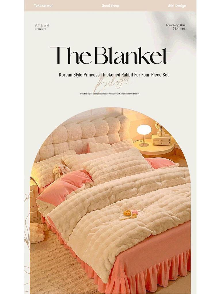 Verdicktes Kaninchenvelours Winterbettwäsche-Set: Milchvelours Bettbezug, Korallenfleece Bettrock, Zweiseitiges Fleece