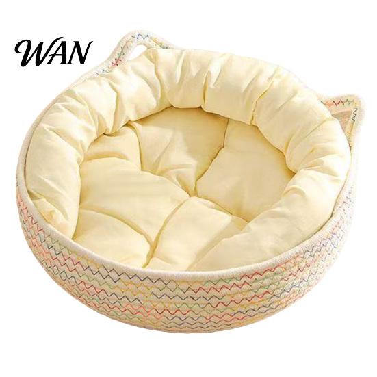 Panier Nid de Couchage pour Chat Corde de Coton Animal de Compagnie avec Design d'Oreilles Tissé à la Main pour Chats Chiots Lapins Petits Animaux Coussin