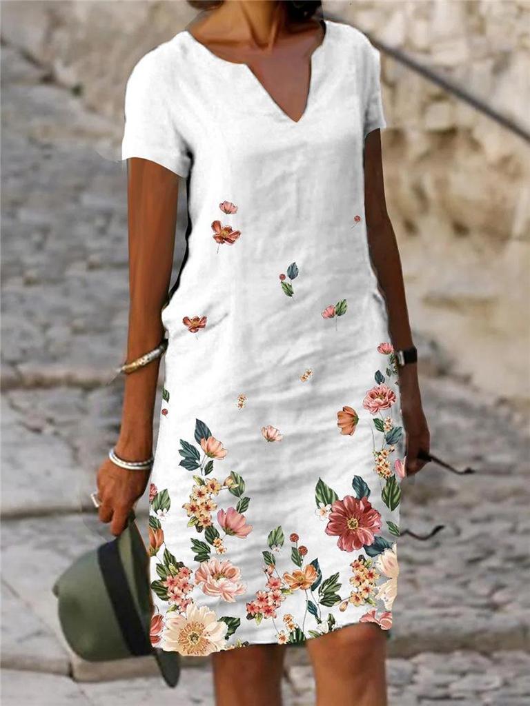 Floral Print Cotton Linen V-Neck Midi Dress, Short-Sleeved, 2023 Trend