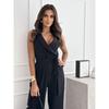 Fashion Fashion Commuter Ol Pure Color Deep V-neck Lace up Waist Trimming Casual Sleeveless Jumpsuit Pants Women Jumpsuit