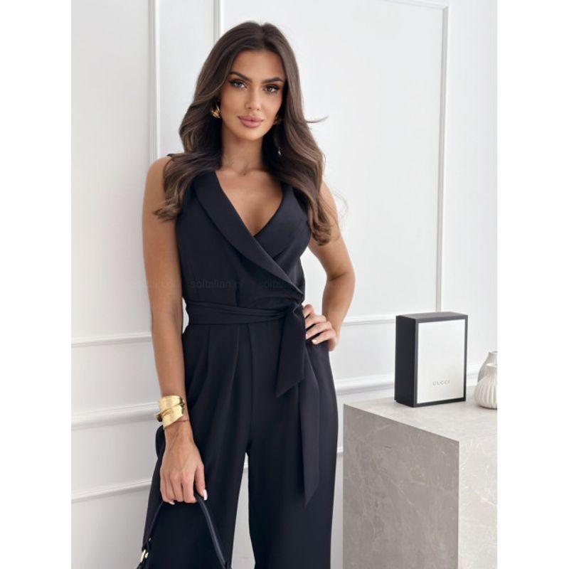 Fashion Fashion Commuter Ol Pure Color Deep V-neck Lace up Waist Trimming Casual Sleeveless Jumpsuit Pants Women Jumpsuit