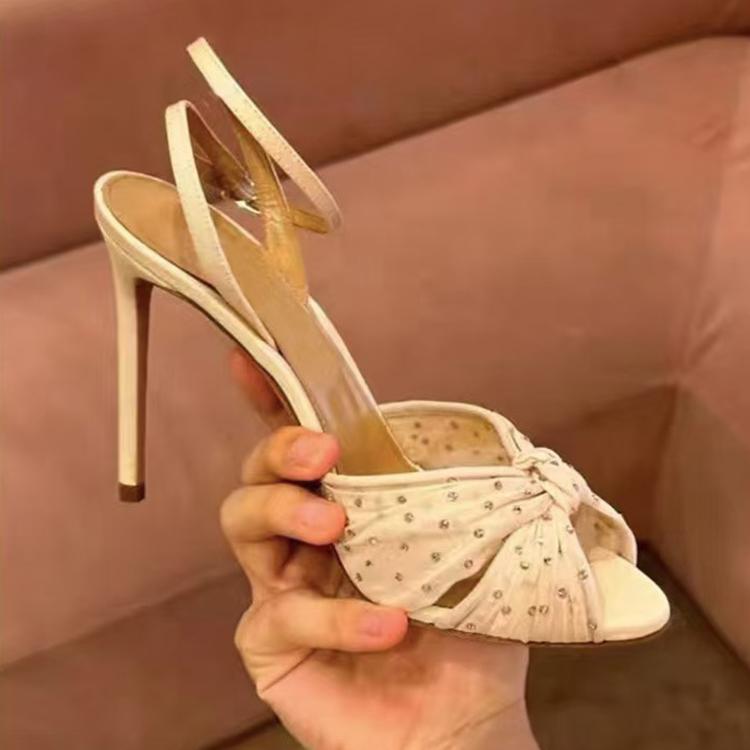 Fashion 2025 Summer New Sexy Rhinestone Bling Bling Sandals Stiletto High Heels Women's Mesh Knotting Slingback Open Toe Buckle Sandals