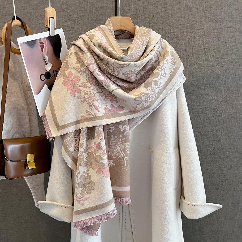 185*65cm Floral Print Warm Scarf Autumn/Winter Tassel Shawl Women's Imitation Cashmere Thick Scarf Warps Coldproof Blanket