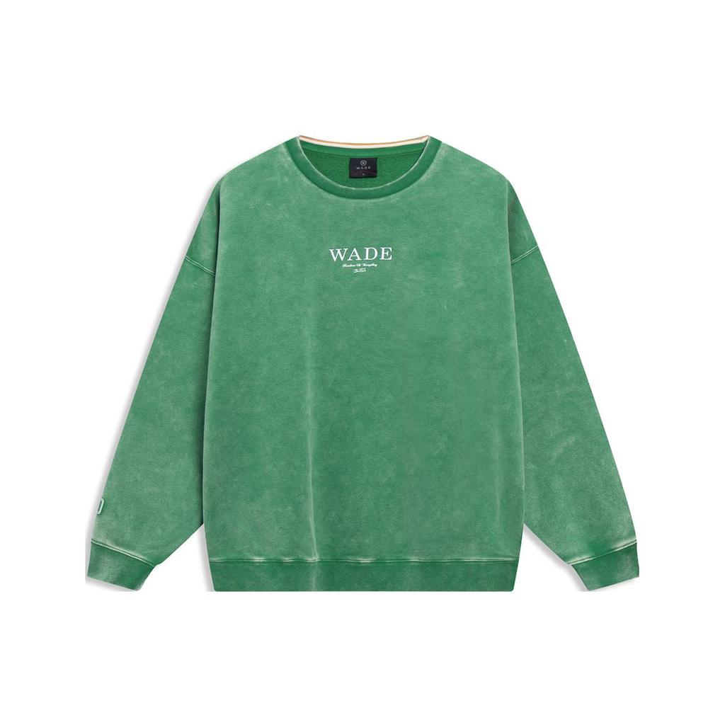Li Ning Wade Collection Logo Print Pullover Fleece Lined Sweatshirt Unisex Cold Pine Green Washed AWDT143-9
