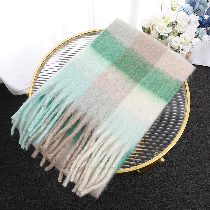 Men's and Women's Autumn and Winter Scarf Fashionable Warm Rainbow Plaid Shawl Tassel Thickened Mohair Scarf