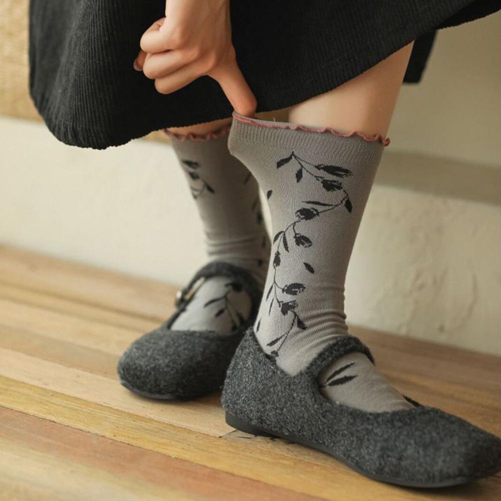 3 Pair Korean Style Women Socks Fashion Flower Printing Autumn Winter Middle Tube Lady Socks Set Soft Comfortable Socks Woman