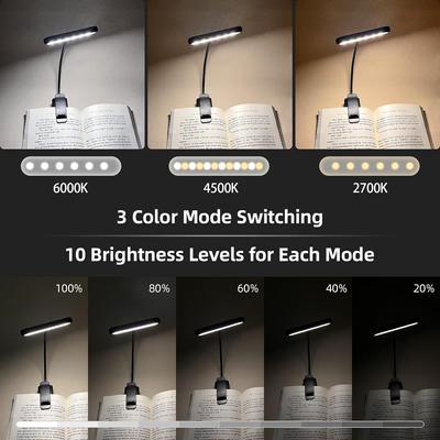 Rechargeable Book Lights for Reading Night In Bed 3 Color & 10 Brightness Dimmable Flexible Gooseneck Clip On Reading Lamp