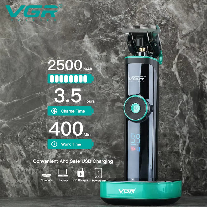 VGR 671 Professional Men's Electric Hair Clipper with Stainless Steel Blade and Long Battery Life Base Charging High-power Shaving Clipper LCD Display