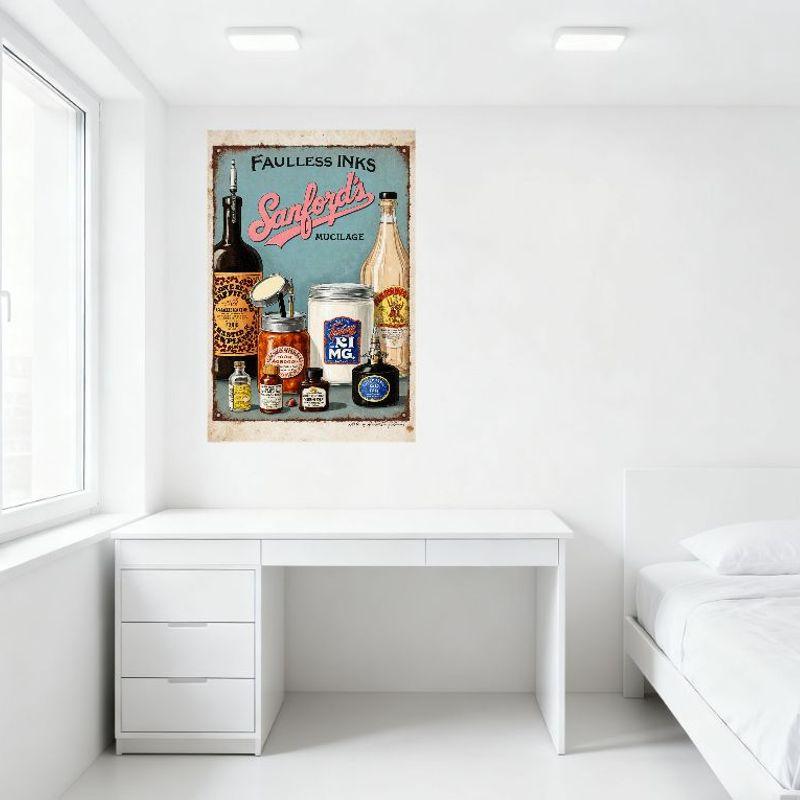 Vintage Faulless Inks Sanford's Mucilage Tin Sign Early 20th-Century Ink & Mucilage Containers Metal Poster for Bar Home Office