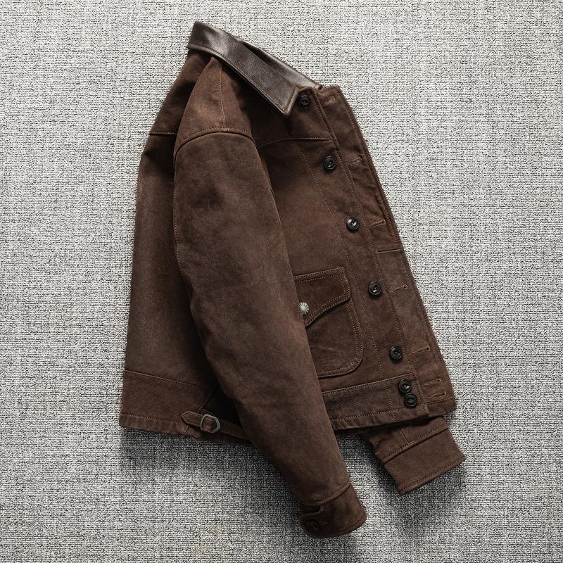 Retro Uncoated Top-layer Sheepskin Genuine Leather Jacket for Men's Classic Old Short Lapel Slim Spring and Autumn Jacket