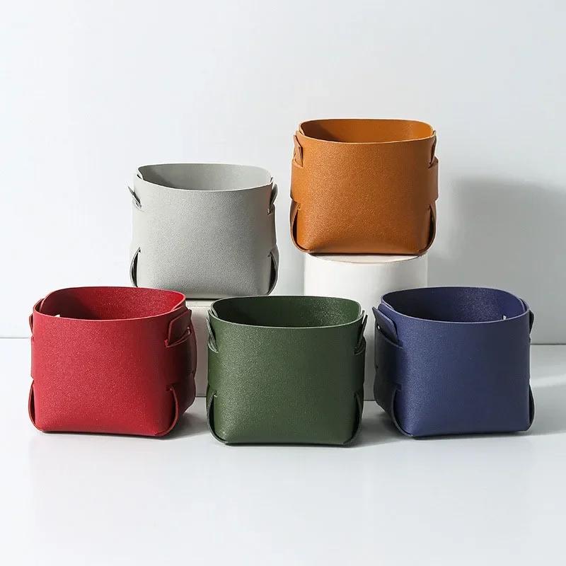 Nordic Makeup Leather Storage Pen Holder Desktop Sundry Collapsible Remote Control Sundry Bucket Storage Box