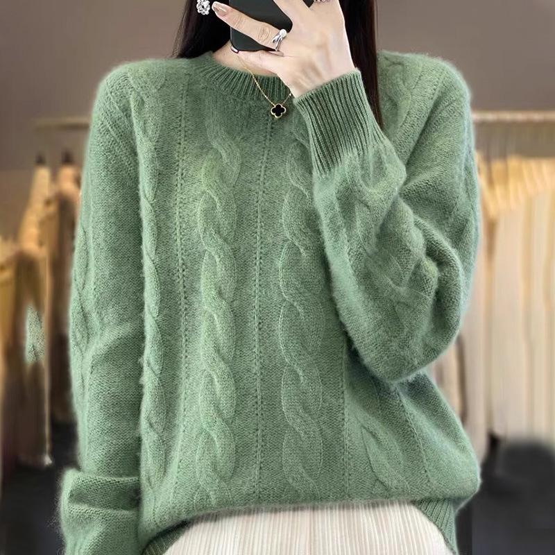 Spring Autumn and Winter Round Neck Solid Color Knitwear Vintage Fried Dough Twists Pullover Women Thick Slim Sweater Long Sleeve Warm Top Casual