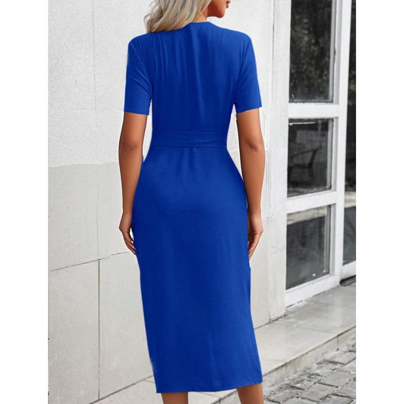 JKASHDK Damenmode Sommer Frühling Einfarbiger Druck Kurzarm V-Ausschnitt Hohe Taille Freizeitkleider