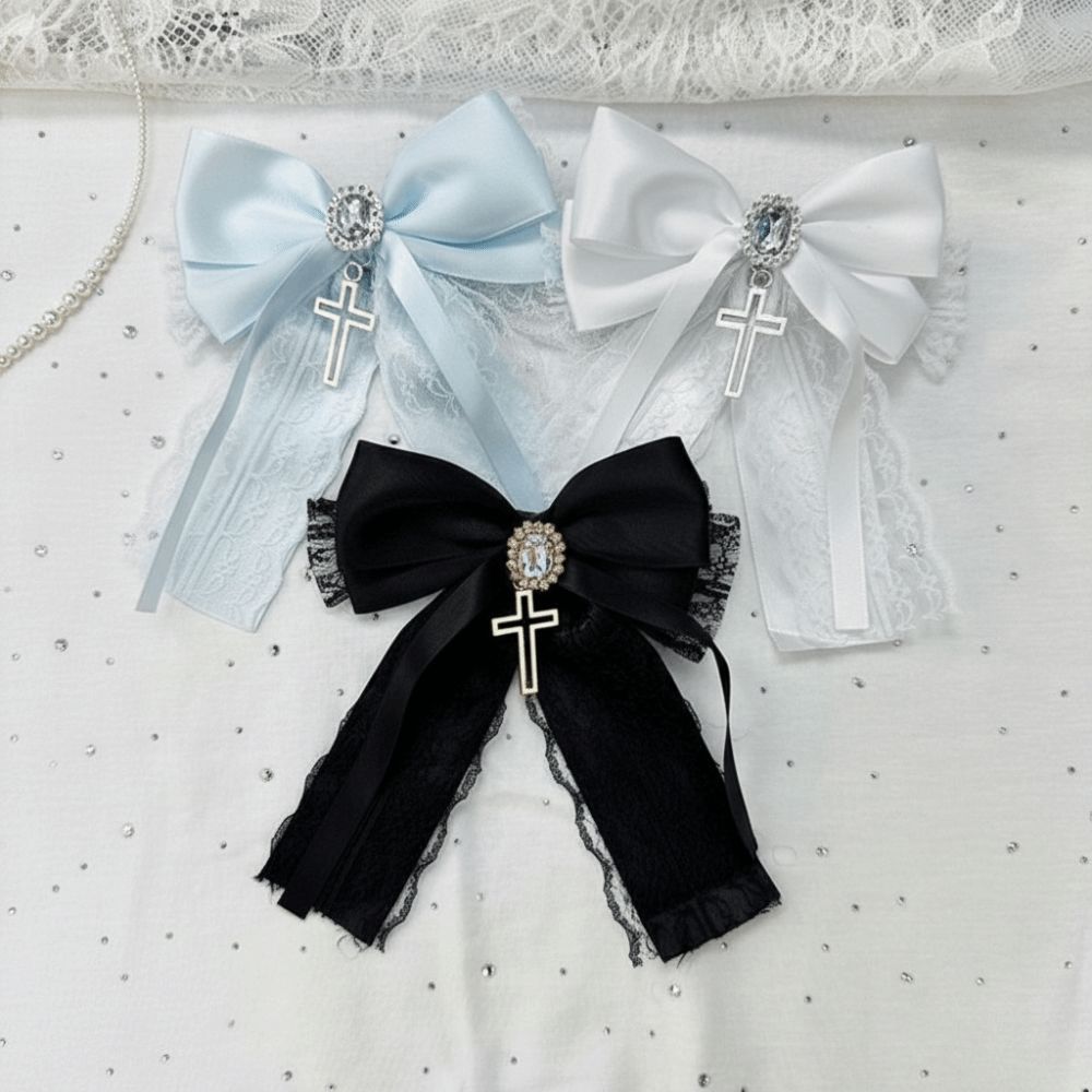 Cute Bow Cross Pendant Gothic Hair Clip Exquisite Lace Design Y2K Hair Clip  Girl's Accessories