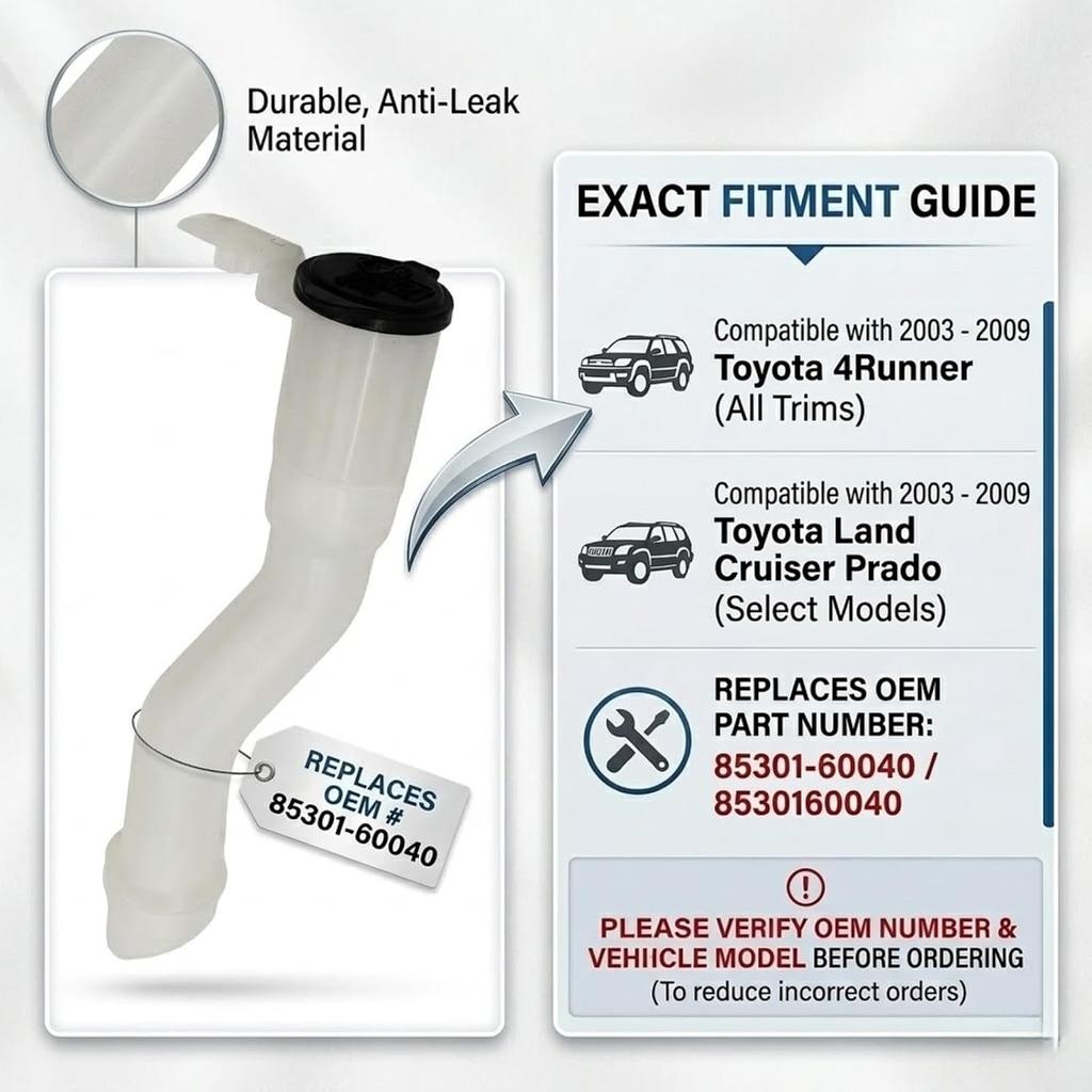 85301-60040 Washer Filler Pipe with Cap for 03-09 Toyota 4Runner | Replaces OEM 8530160040. Fits 2003-2009 Toyota 4Runner. Complete Windshield Wiper