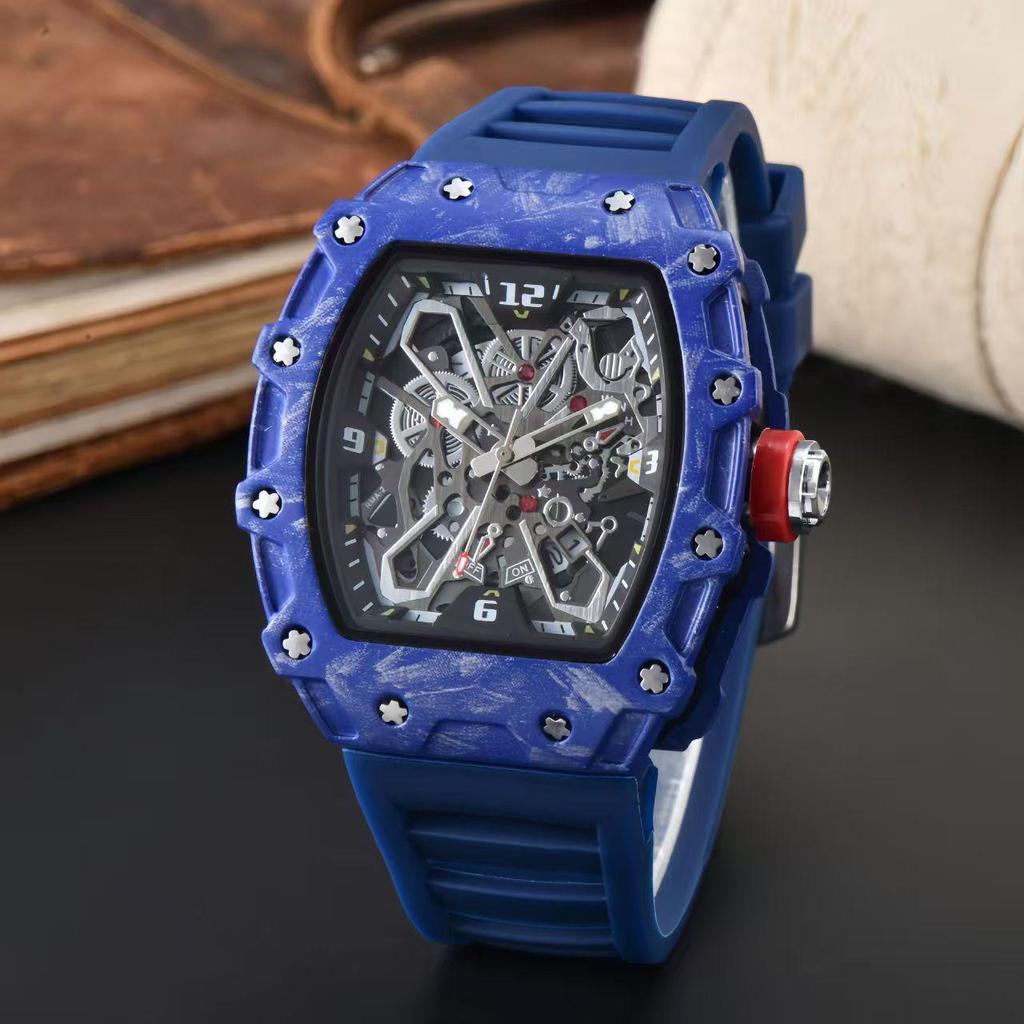 Vibrant Wine Barrel Shape Quartz Watch with Carbon Fiber Hollow Design for Men