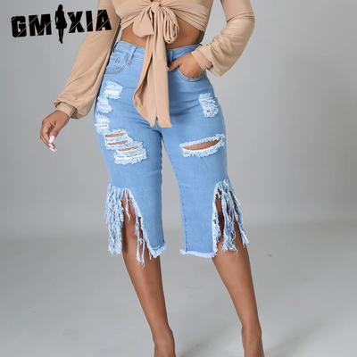 Stretch Fringe Ripped Jeans Mid-length Pants Women