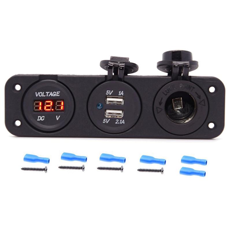 Car Accessories - Three-Function Dual USB Charger + LED Voltmeter + 12V Socket Panel Rechargeable Power Adapter Suitable For Yacht Car Accessories