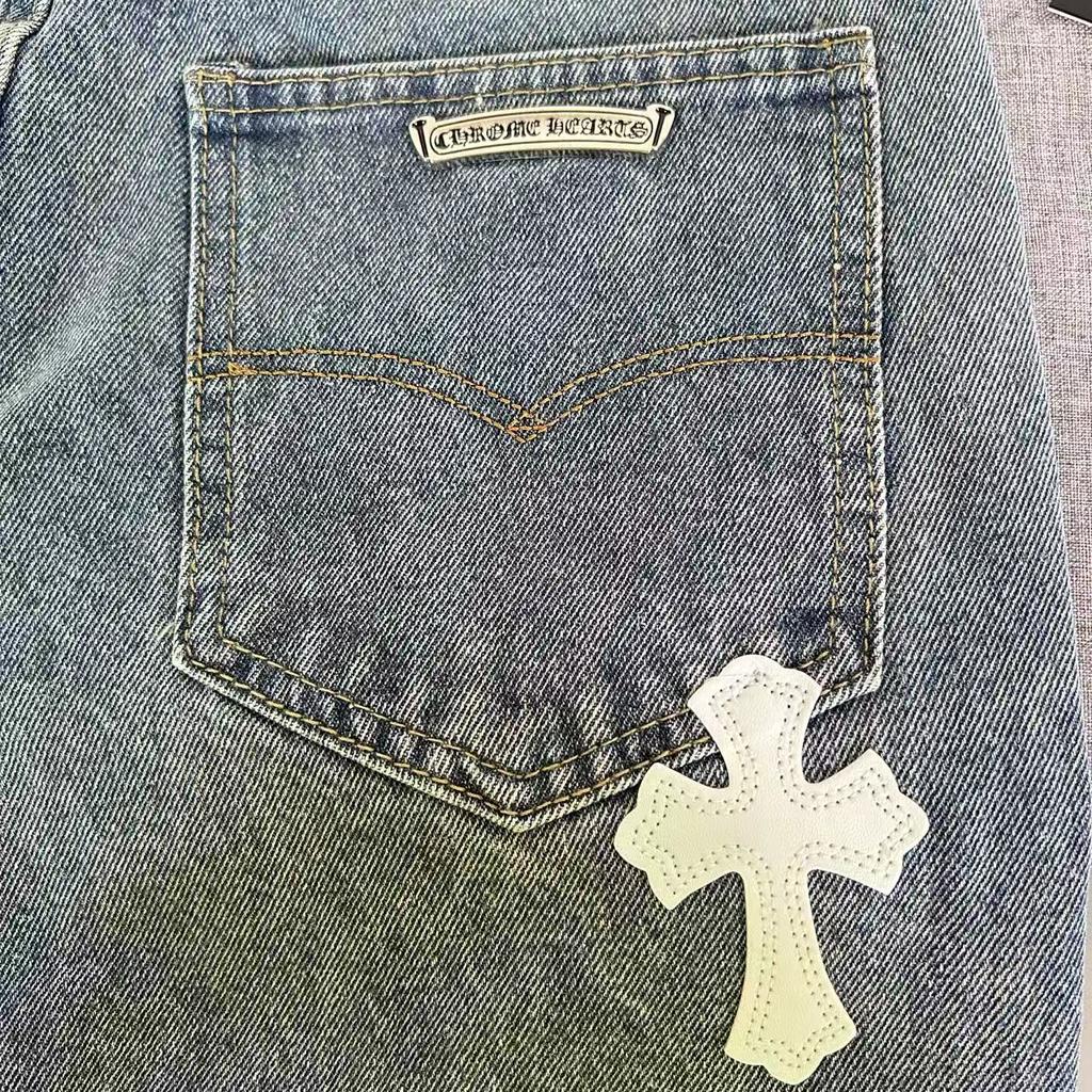 9912 CHROME HEARTS Men's and Women's American Style Trendy Jeans with Fabric Patches, Holes, Embroidery, Casual and Fashionable High Street Pants