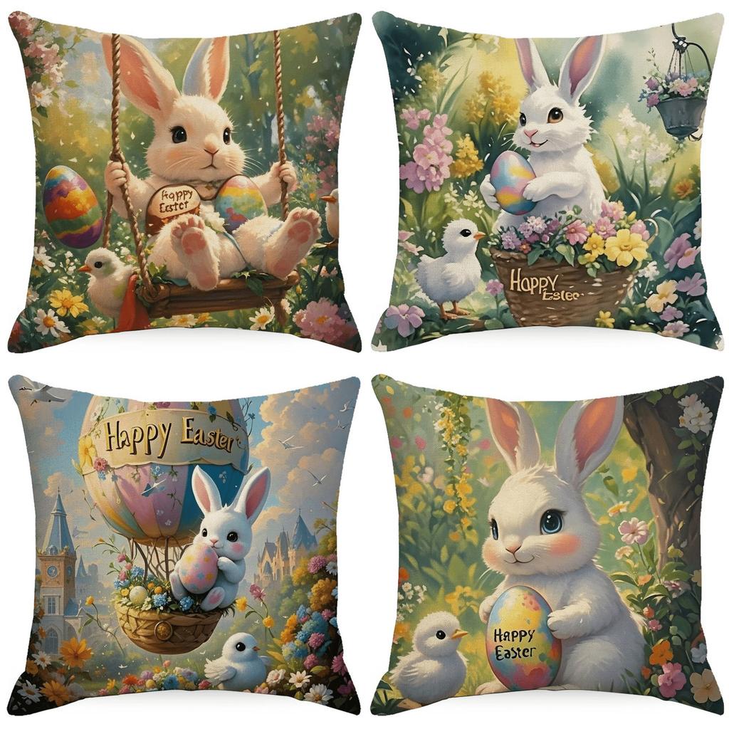New Easter Pillowcase Watercolor Flowers Rabbit Home Pillow Cushion Cover