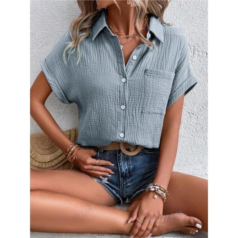 Women lapel collar crinkle textured short sleeve shirt solid multi color loose fit beach casual button down blouse