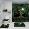 Green Rattan Tree Moonlight Shower Curtain Set | Waterproof Curtain, 12 Hooks, Mold Resistant, Machine Washable, Home Decor