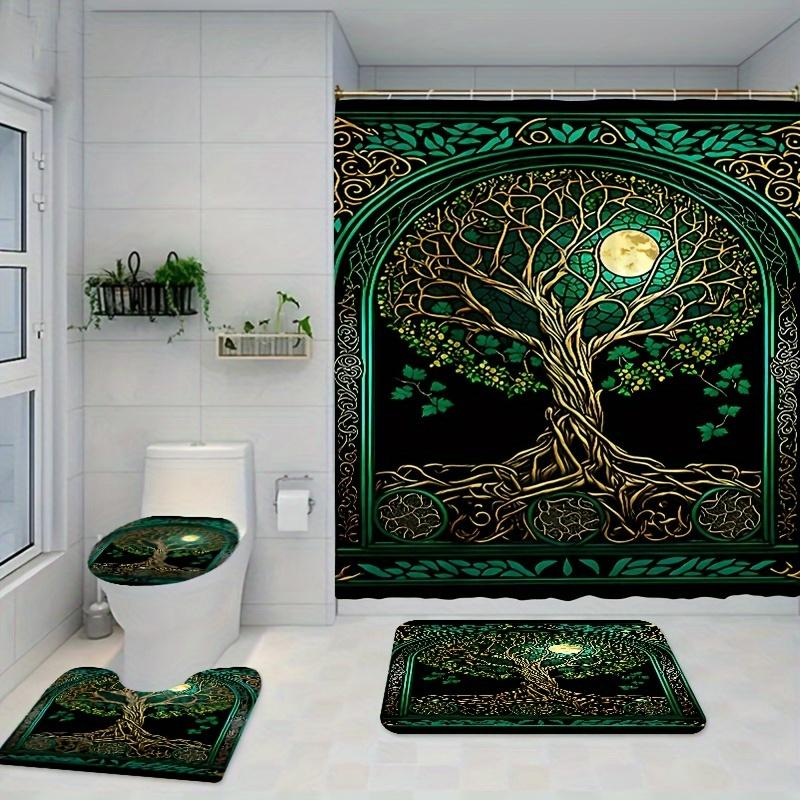 Green Rattan Tree Moonlight Shower Curtain Set | Waterproof Curtain, 12 Hooks, Mold Resistant, Machine Washable, Home Decor