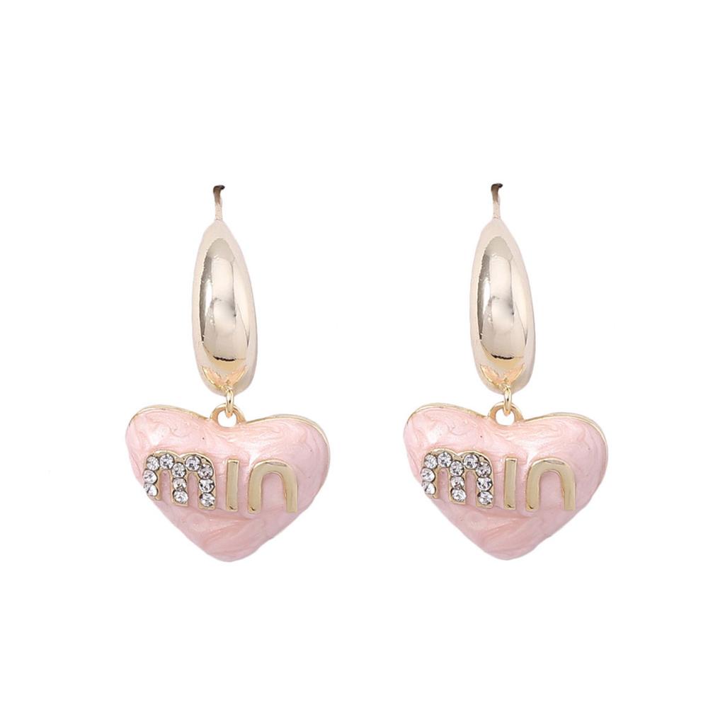 French gentle pink MIN letter crescent moon inlaid zircon love earrings Elegant, smart and simple and versatile earrings