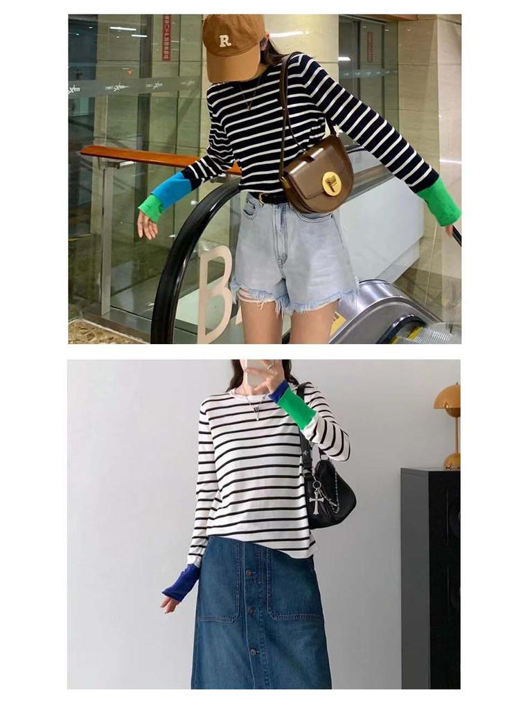 Thickened Skin-Friendly Age-Reducing Colorblock Cuffs Striped Knit Sweater - Xiaohongshu Style Long-Sleeve Base Layer for Autumn/Winter