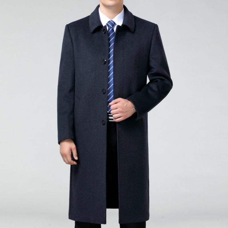 Men's Long Cashmere Coat, Below-Knee, Autumn-Winter Thick Wool Trench for Middle-Aged and Elderly.