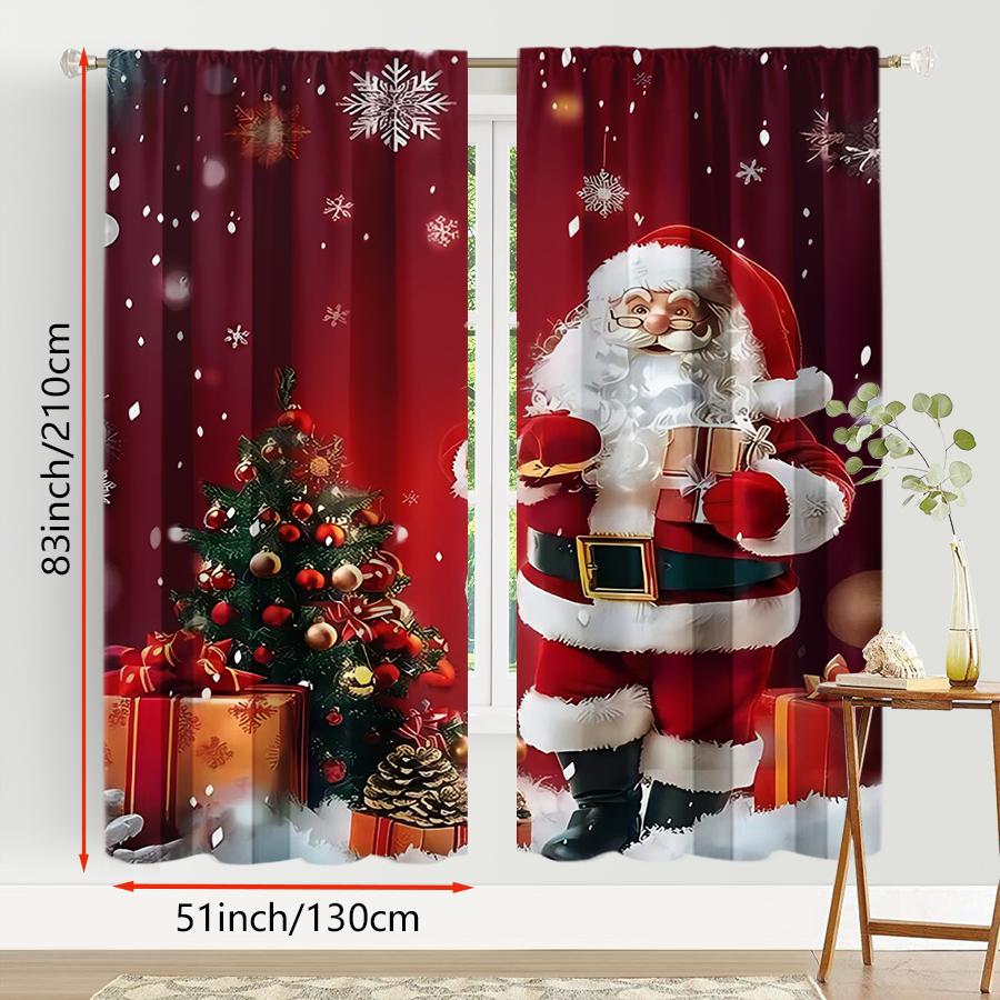2PCS Santa Claus Christmas Print Curtains, Red Background Xmas Tree Gift Snowflake Window Drapes for Holiday Bedroom Living Room