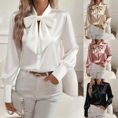 New Women's Long Sleeve Bow Satin Shirt, Solid Color Casual Versatile Blouse for Autumn