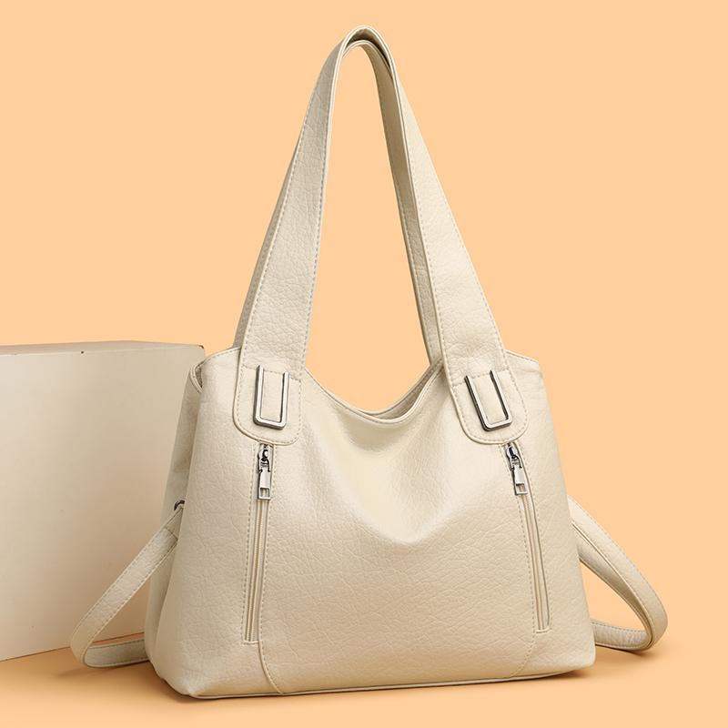 Large Capacity Leather Tote Bag for Women Vintage Shoulder Handbag with Zip Pockets