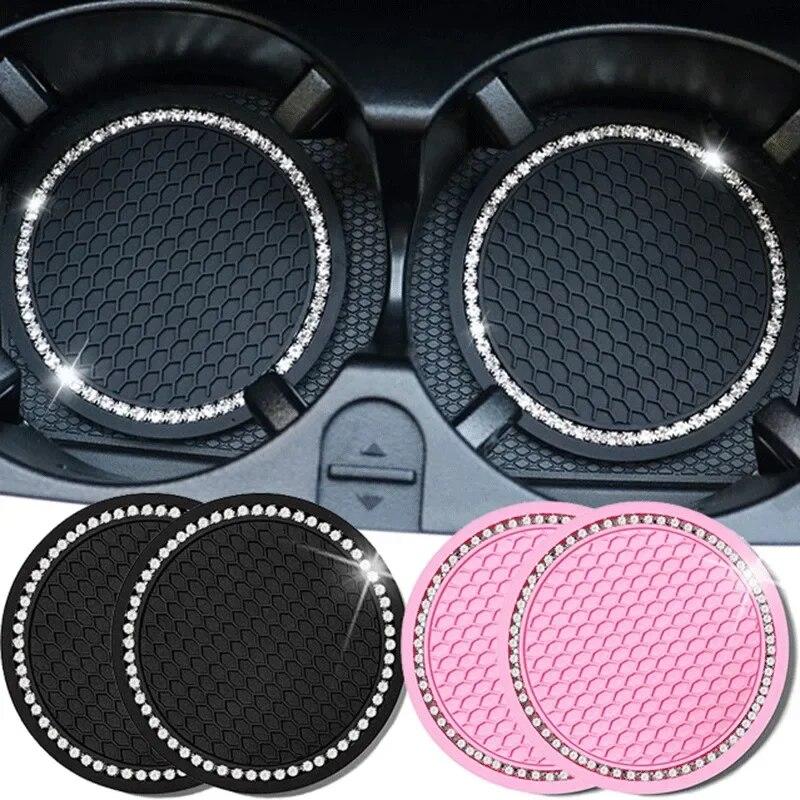 2Pcs Car Non-slip Water Cup Pad Diamond Rhinestone Decor For Car Bottle Holder Coaster Auto Interior Decoration Accessorie Tools
