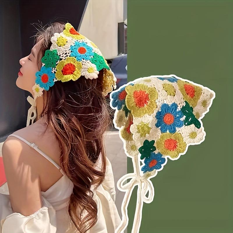 1Pc Knitted Floral Women's Hair Band Colorful Crocheted Hair Accessory with Fringe Tail,Perfect for,Vacation,Casual Wear